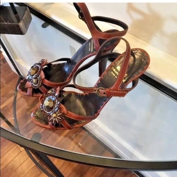 MOSCHINO BROWN JEWELED ANKLE STRAP 7.5 SANDAL AUTHENTIC - Picture 3 of 9